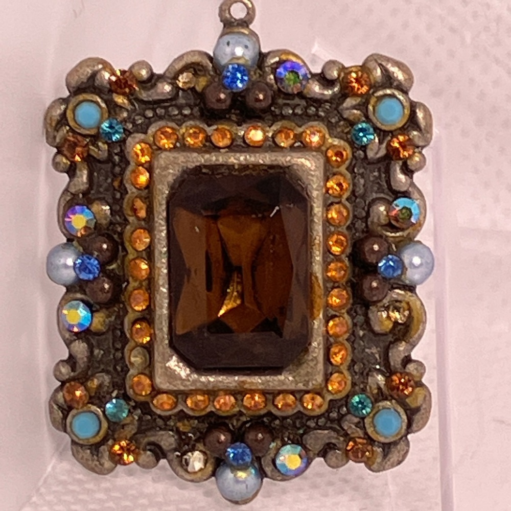 Square Pendant with Smoky Glass Center surrounded by Mixed Accents Vintage Boho